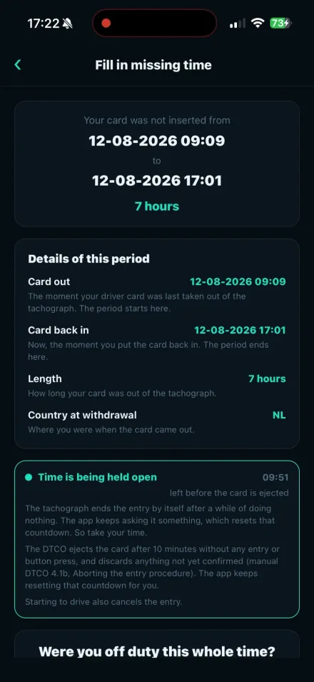 VYS Tacho app: De mobiele tacho: de tijd zonder kaart invullen als manuele invoer
