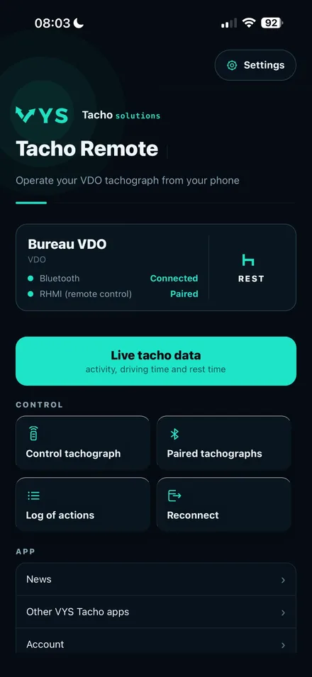 VYS Tacho app: De tachograaf gekoppeld via Bluetooth en bediend vanaf de telefoon