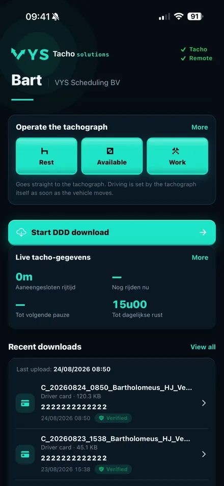 VYS Tacho app: Startscherm van de app met de knop DDD-download starten en de laatste downloads