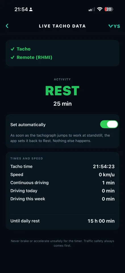 VYS Tacho app: Tacho to Rest: de tachograaf automatisch terug op rust