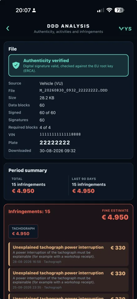 VYS Tacho app: Een gedownload bestand van de voertuigeenheid in de app, met de gecontroleerde handtekening